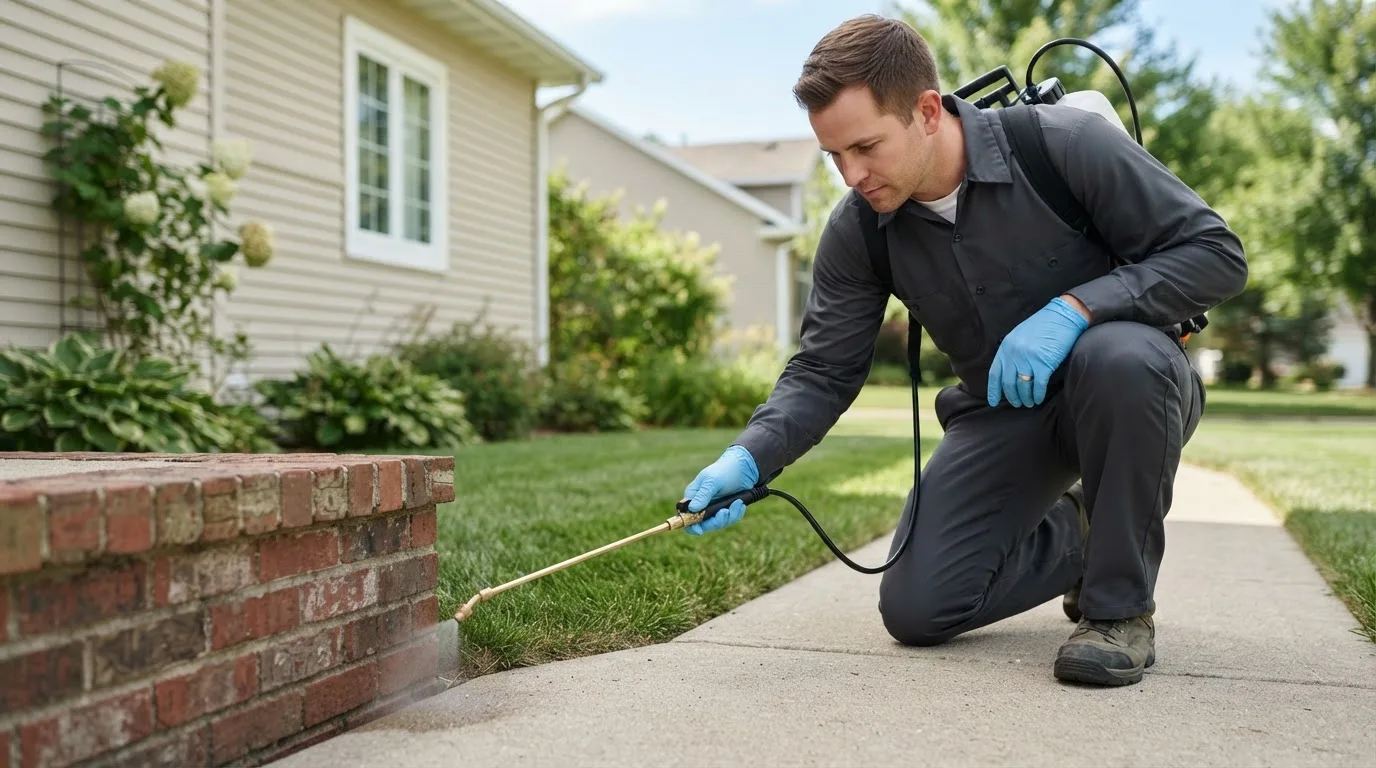Pest control technician treating a home near Martinsburg, WV